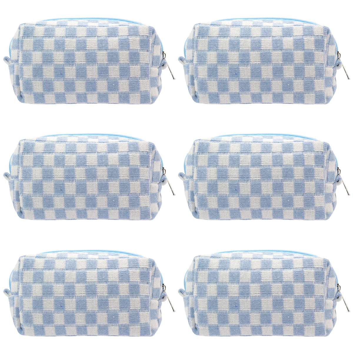 PAZIMIIK checkered makeup bag blue front view for easy on-the-go cosmetics storage.