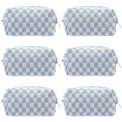 PAZIMIIK checkered makeup bag blue front view for easy on-the-go cosmetics storage.