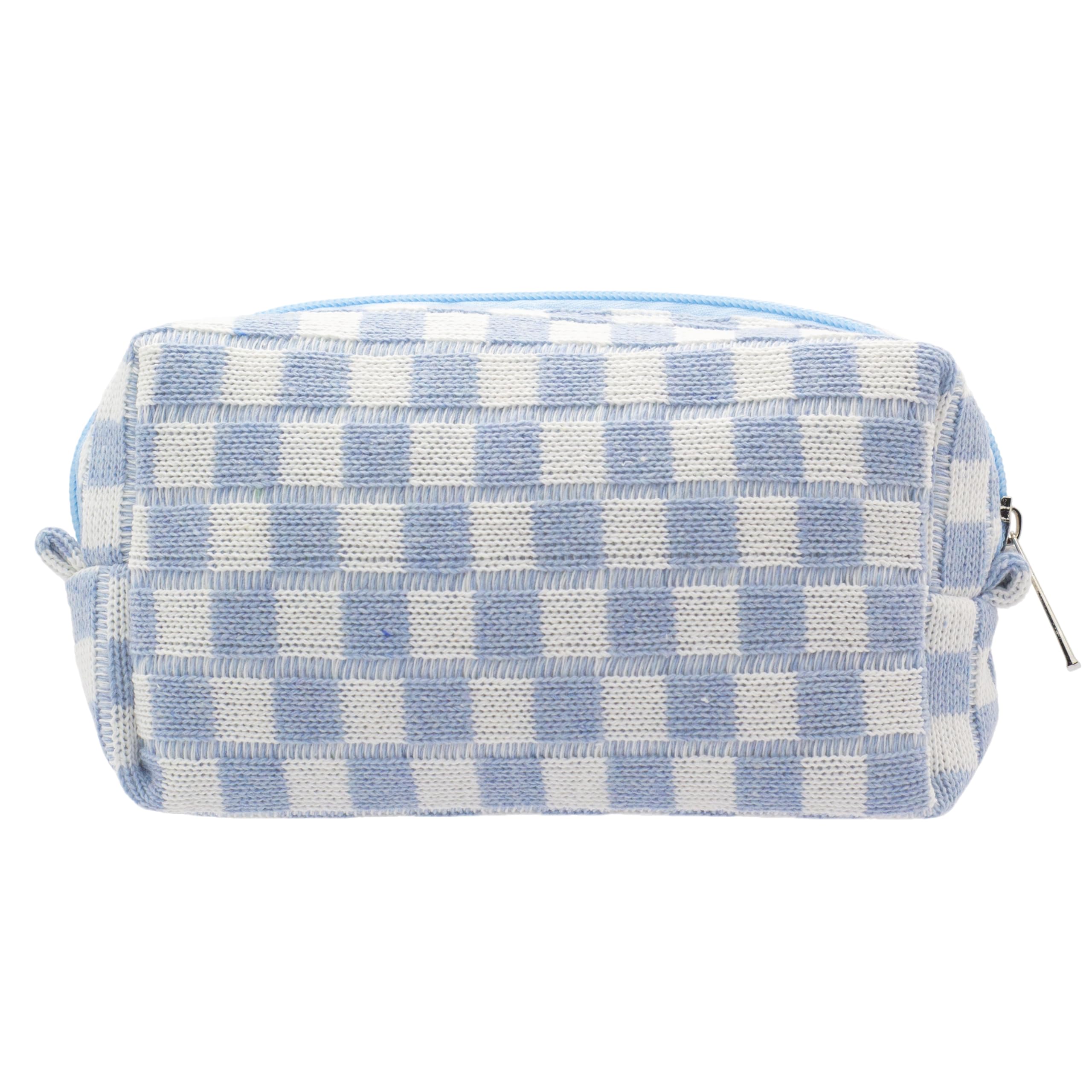 PAZIMIIK checkered makeup bag in blue stands upright for easy access to cosmetics.