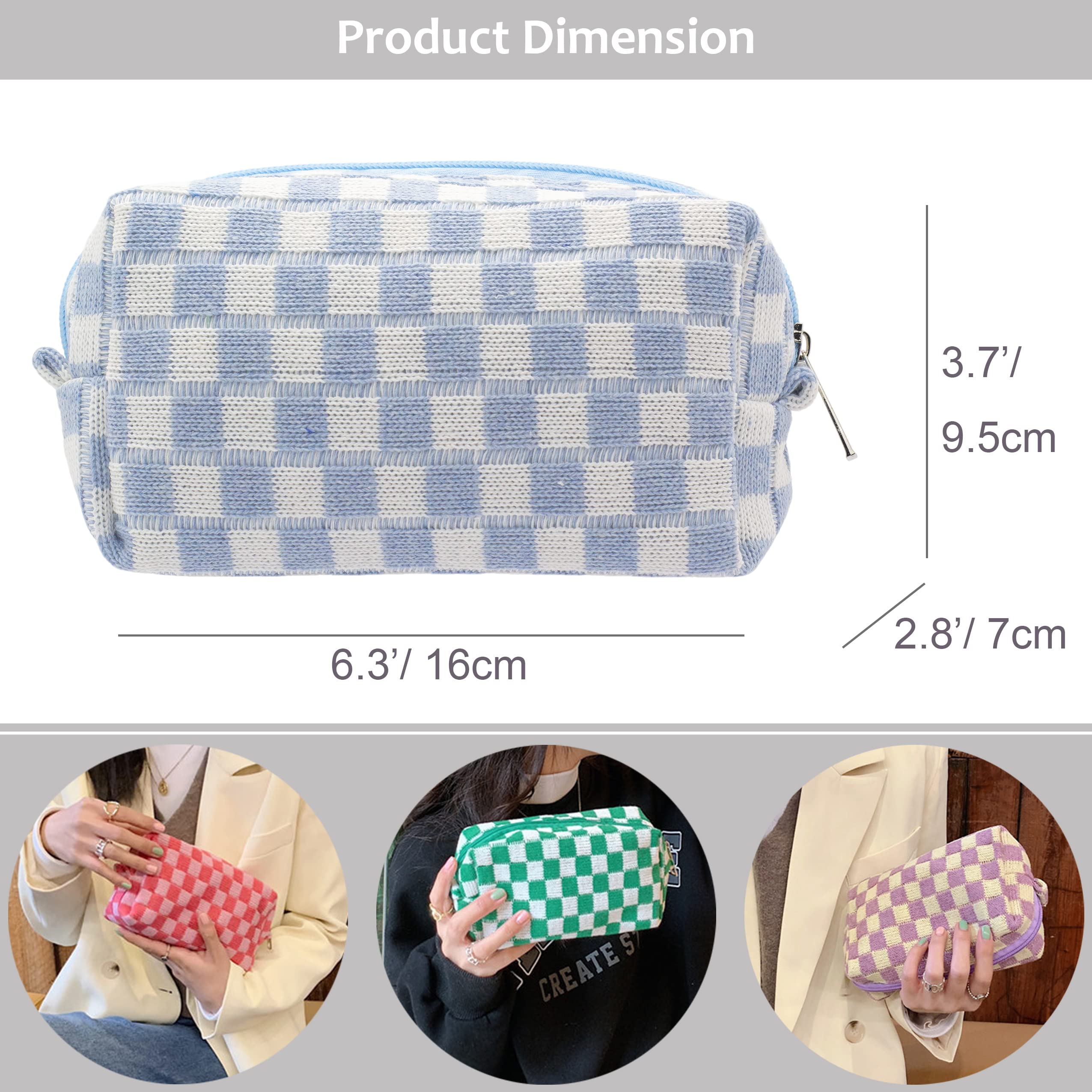 PAZIMIIK blue checkered makeup bag fits purse or backpack ideal for daily routines.