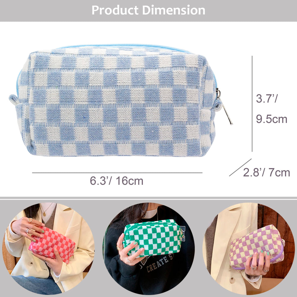 PAZIMIIK blue checkered makeup bag fits purse or backpack ideal for daily routines.