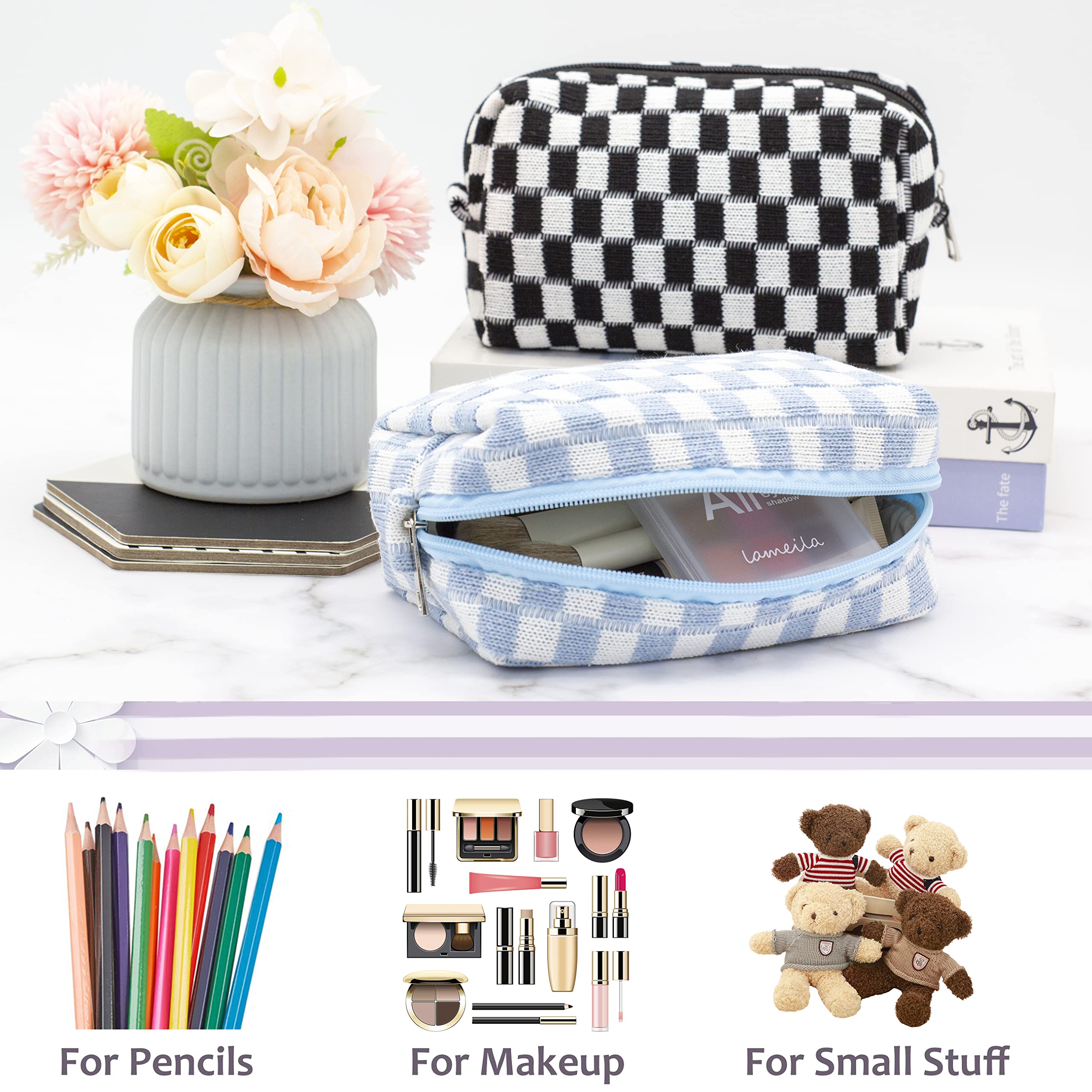 PAZIMIIK checkered makeup bag blue layout shows single roomy compartment for essentials.