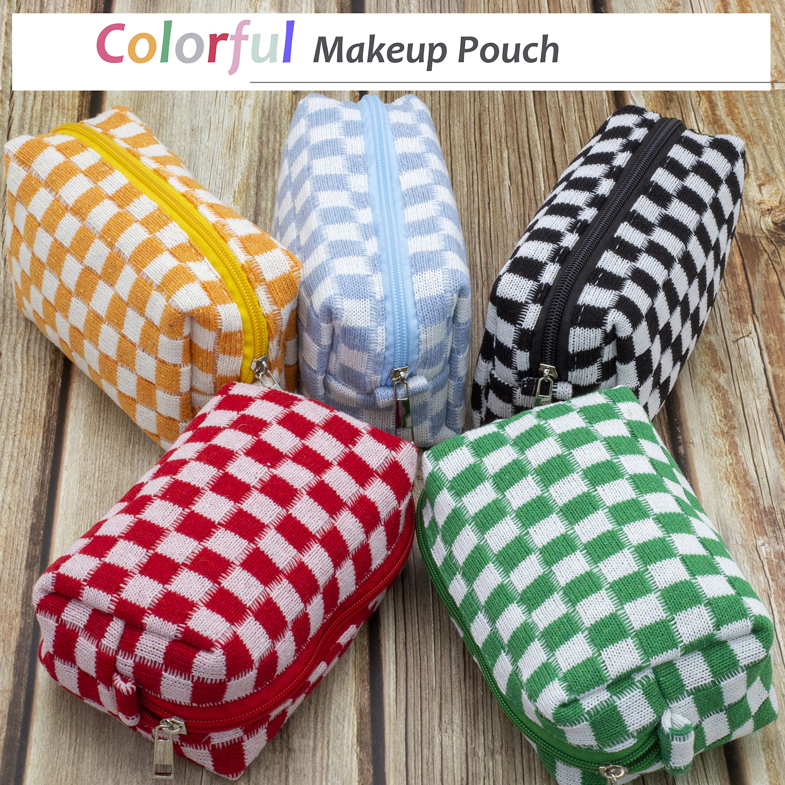 PAZIMIIK checkered makeup bag blue compact case for cosmetics and toiletries.