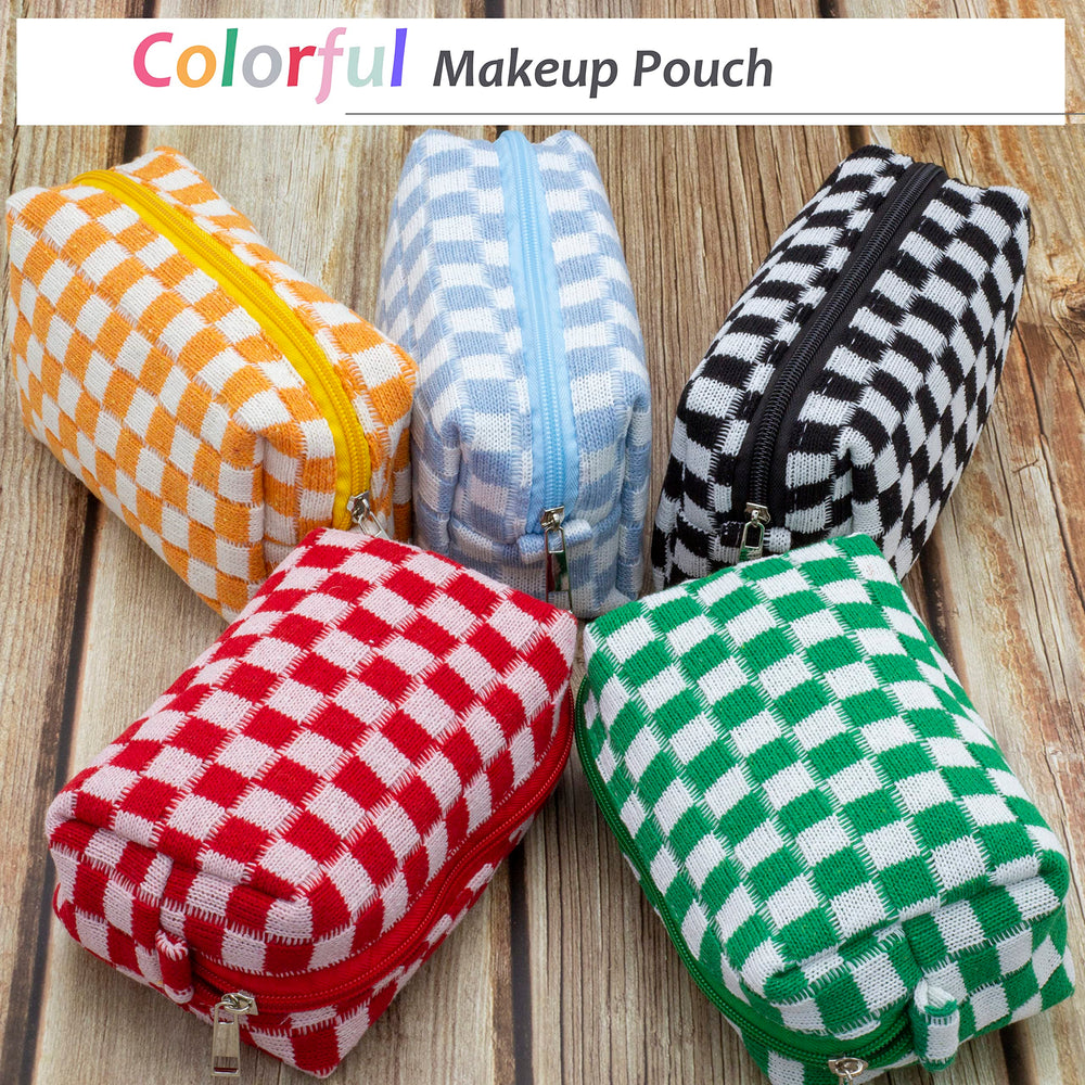 PAZIMIIK checkered makeup bag blue compact case for cosmetics and toiletries.