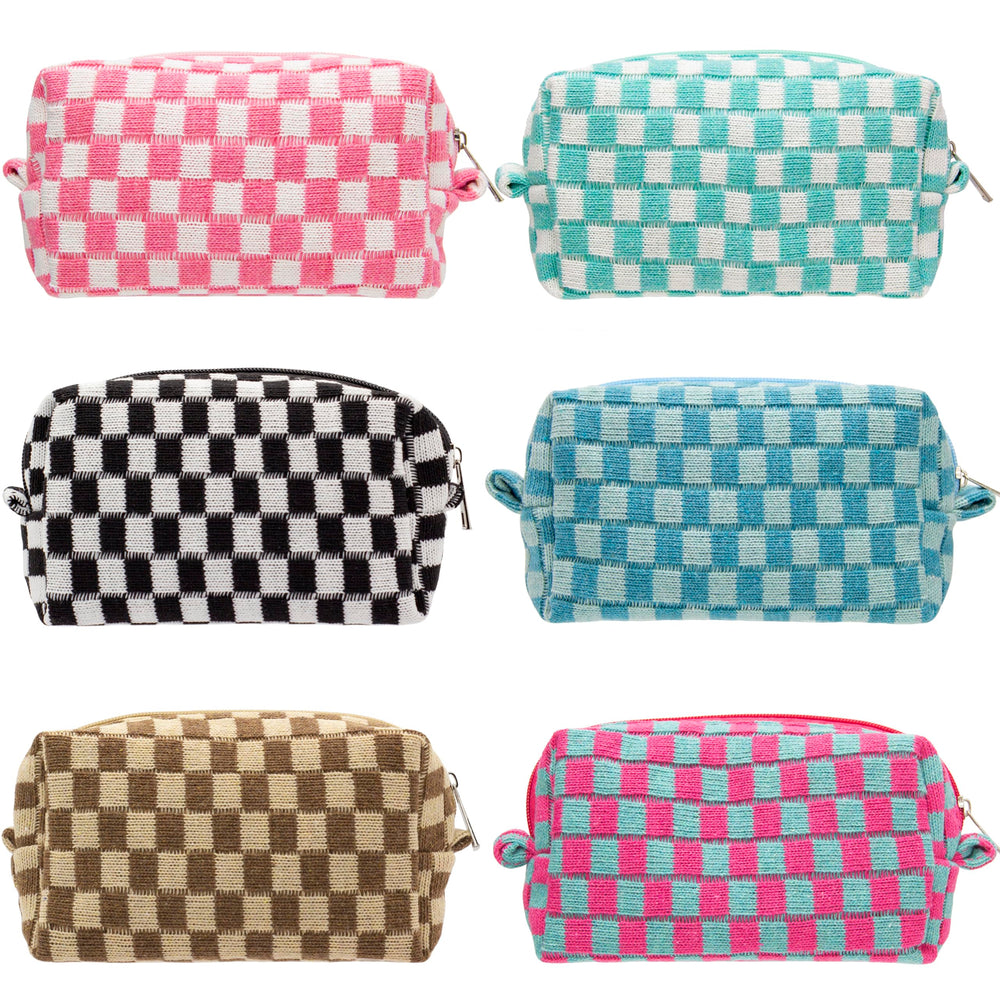 PAZIMIIK checkered makeup bag with flat bottom upright for quick access