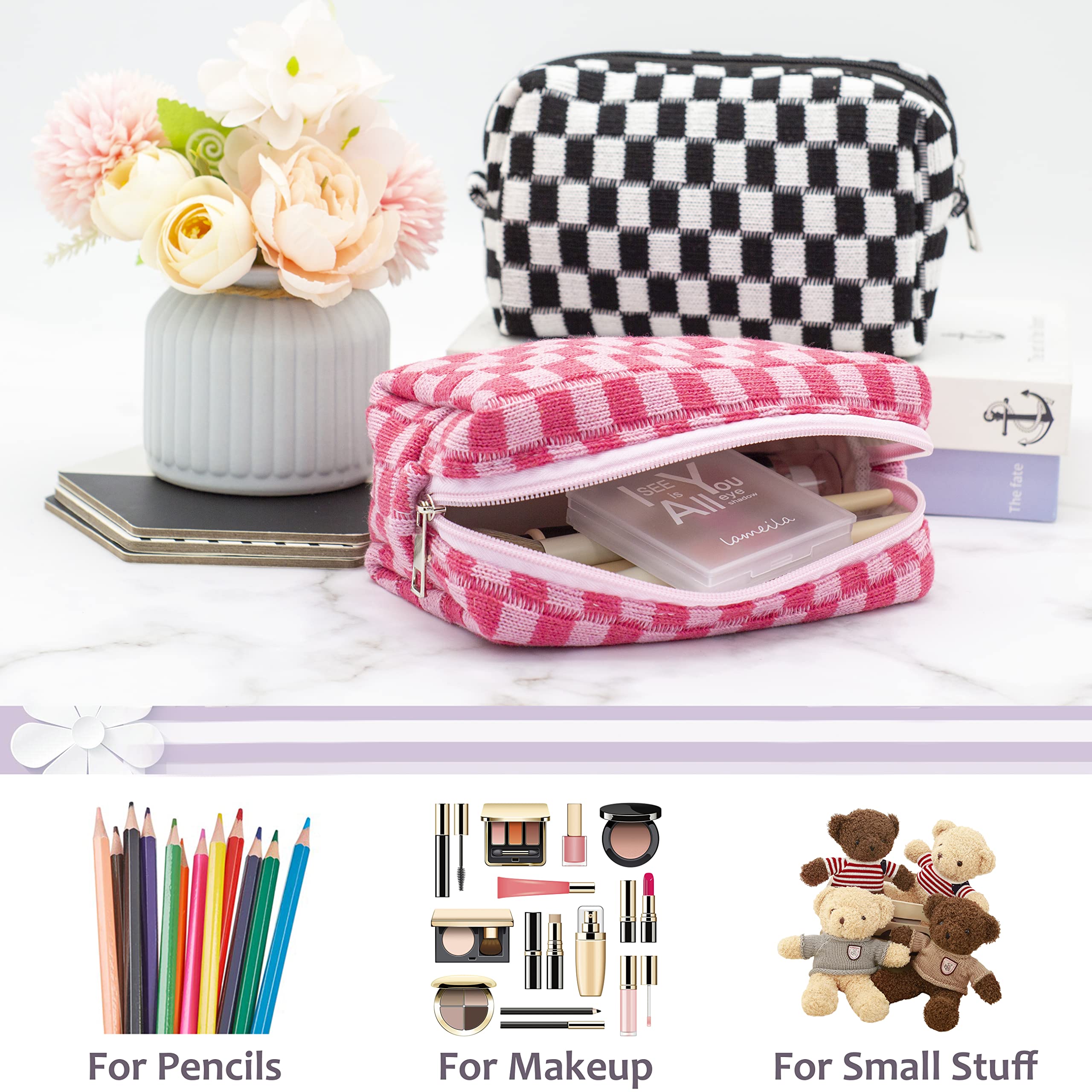 PAZIMIIK Checkered Makeup Bag interior with single compartment for essentials