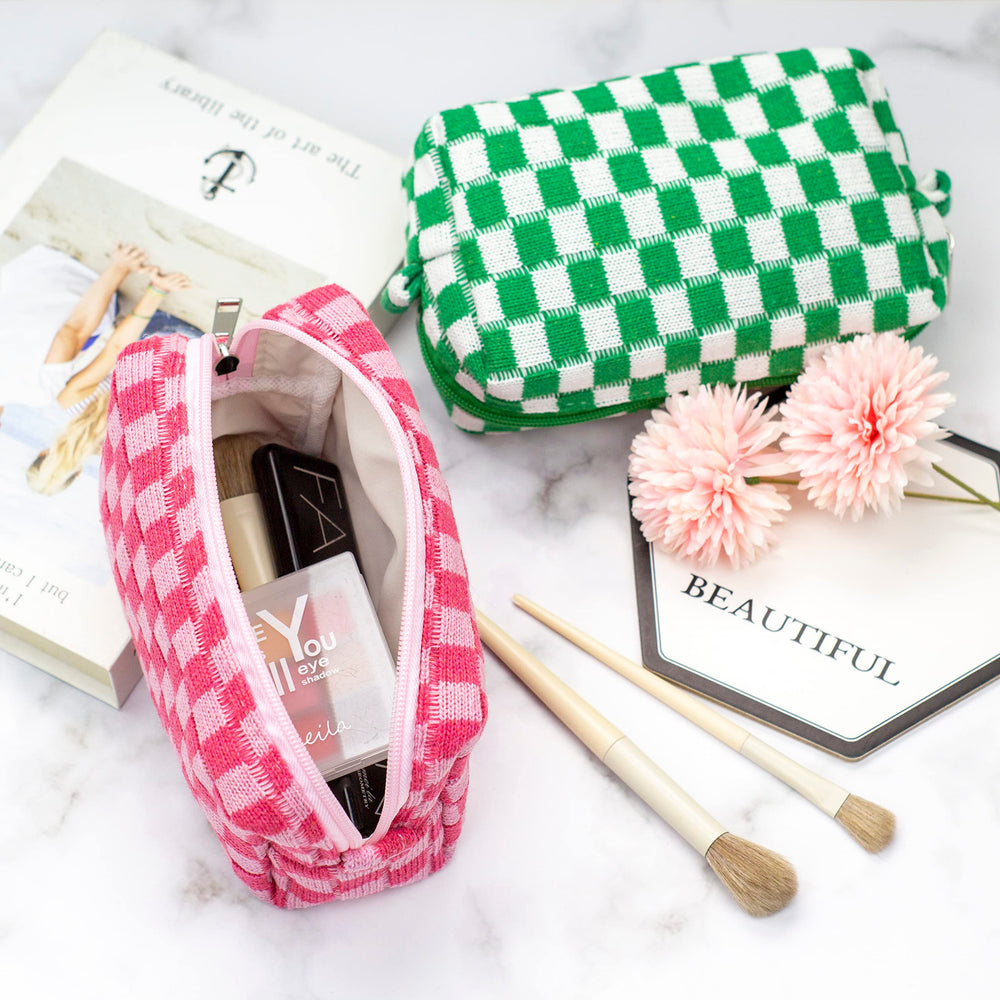 PAZIMIIK Checkered Makeup Bag side view highlighting compact travel-friendly size