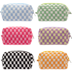 PAZIMIIK checkered makeup bag stands upright for easy access to cosmetics on the go.
