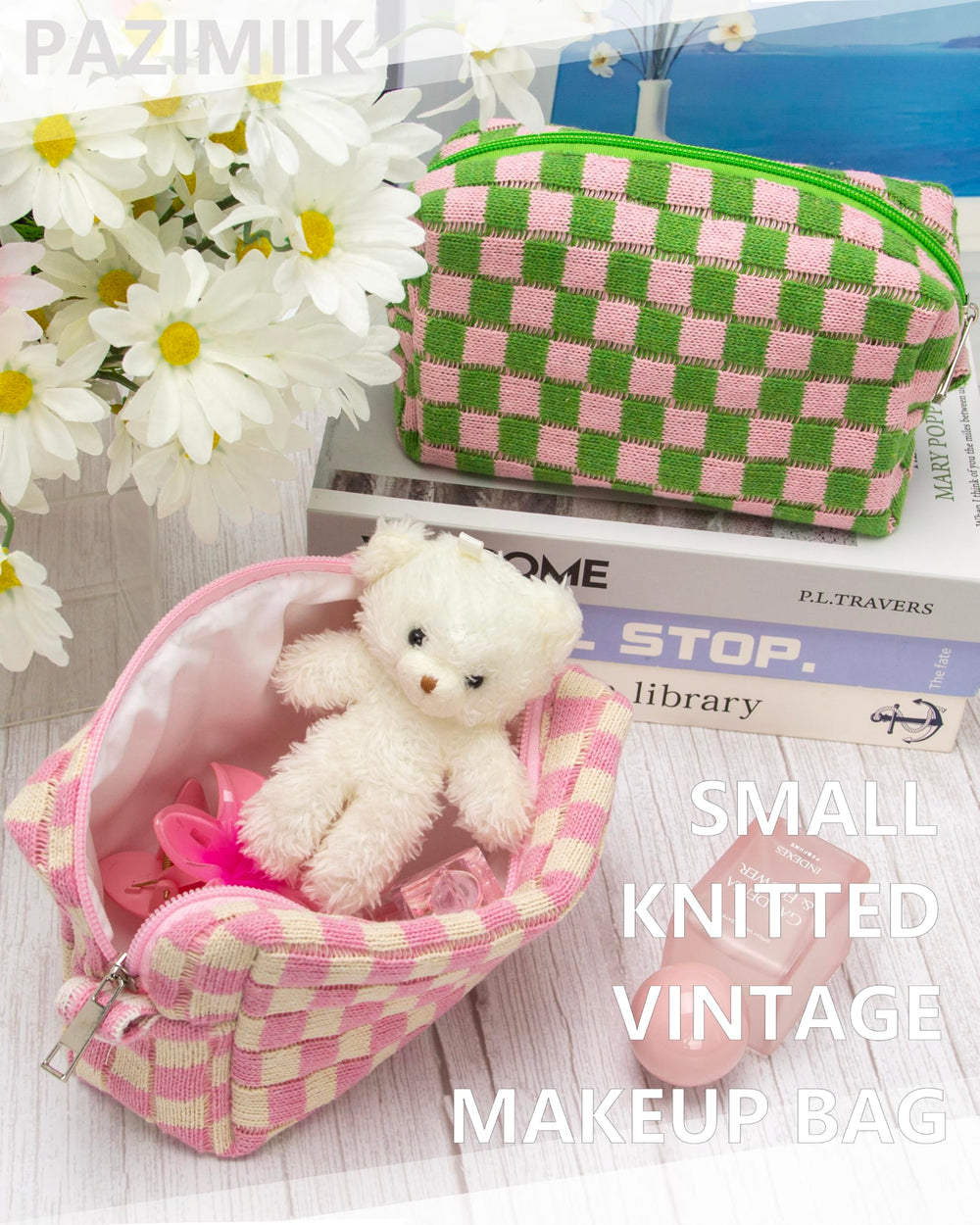 PAZIMIIK single-compartment pouch holds brushes, makeup, and small skincare items.