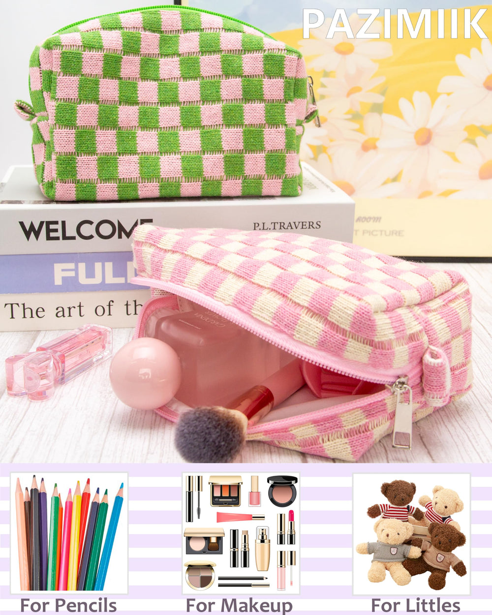 PAZIMIIK travel-friendly makeup case fits into bags for easy packing.