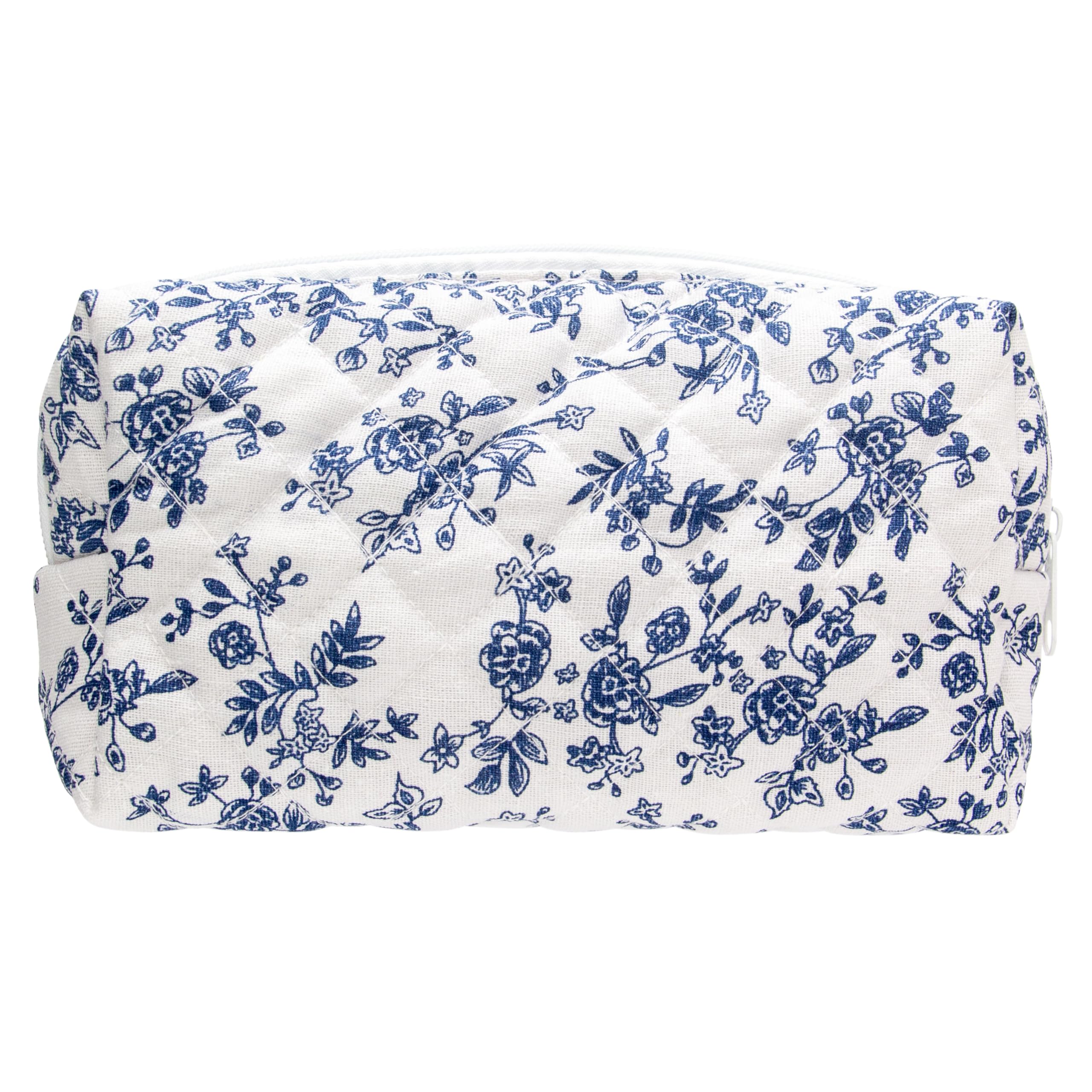 PAZIMIIK vintage quilted makeup bag front view in Jouy blue, timeless style