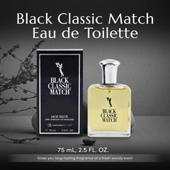 PB ParfumsBelcam Black Classic Match bottle side view, leafy greens and citrus hints