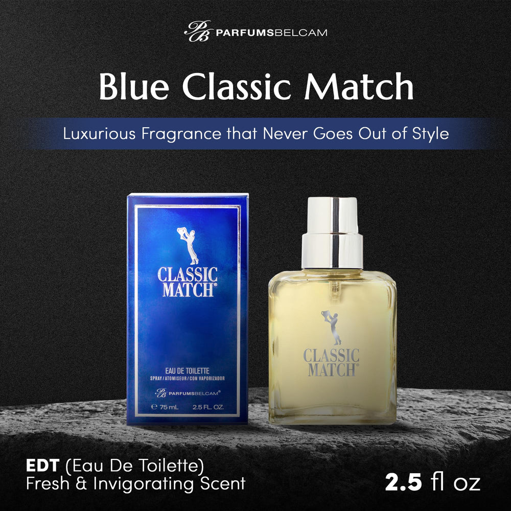 PB ParfumsBelcam Blue Classic Match bottle closeup highlighting melon and moss notes for versatile use.