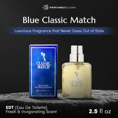 PB ParfumsBelcam Blue Classic Match bottle closeup highlighting melon and moss notes for versatile use.