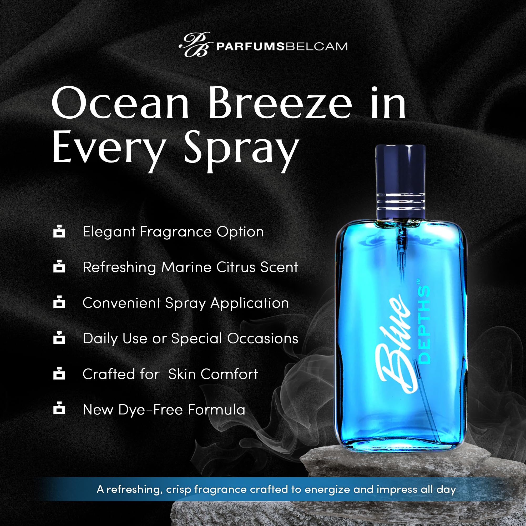 PB ParfumsBelcam Blue Depths packaging box radiates premium feel, gift-ready