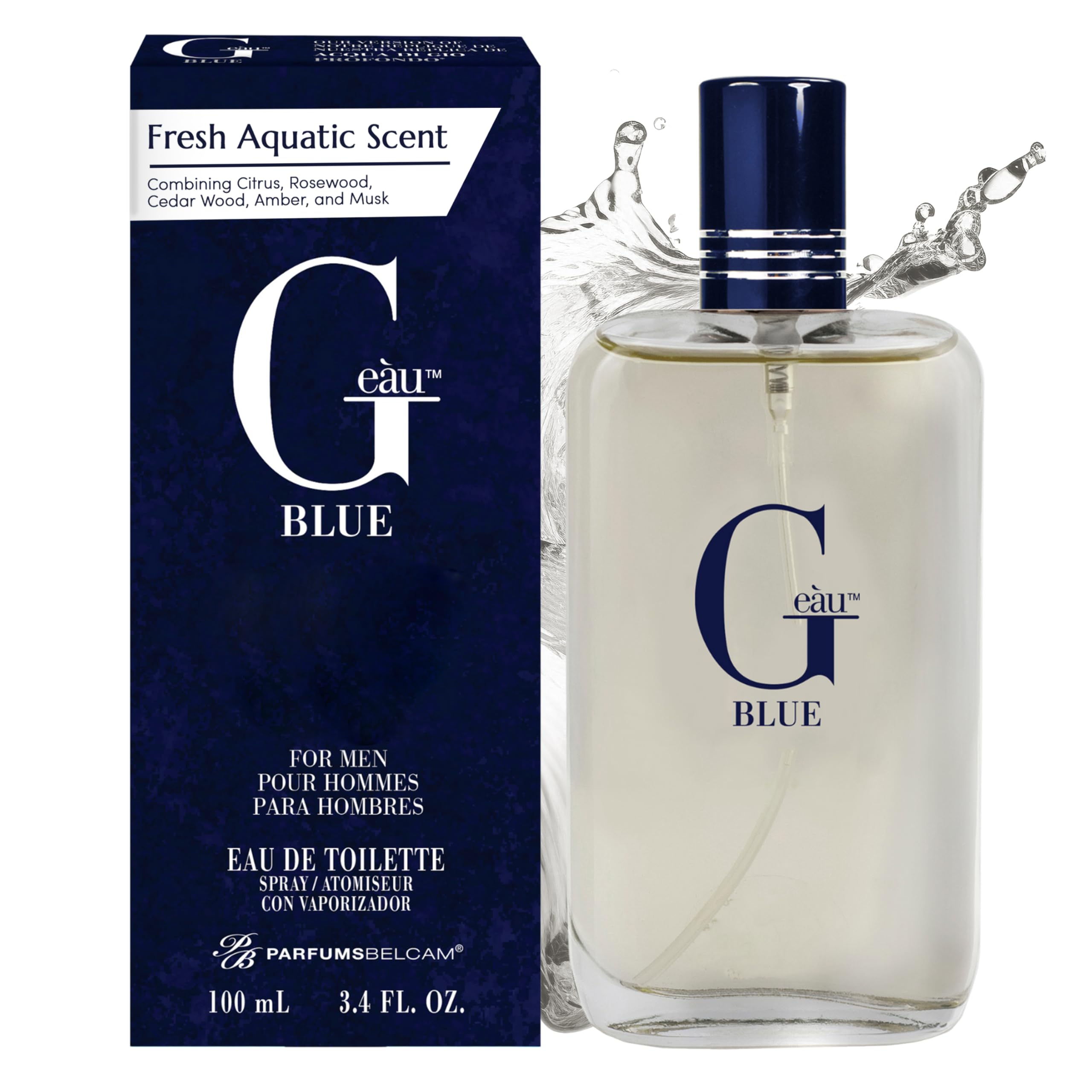 PB ParfumsBelcam G Eau Blue bottle closeup highlighting fresh citrus scent.