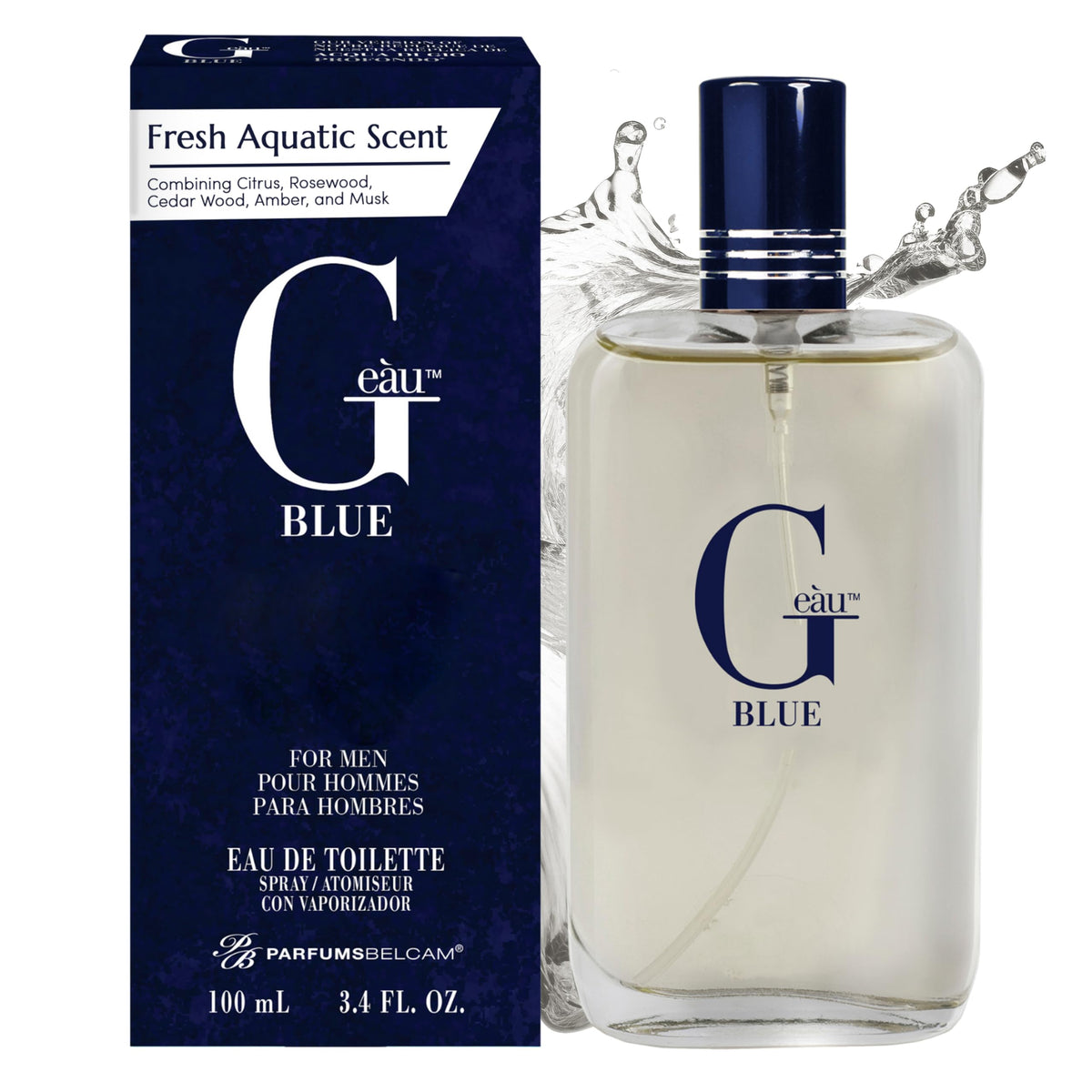 PB ParfumsBelcam G Eau Blue bottle closeup highlighting fresh citrus scent.