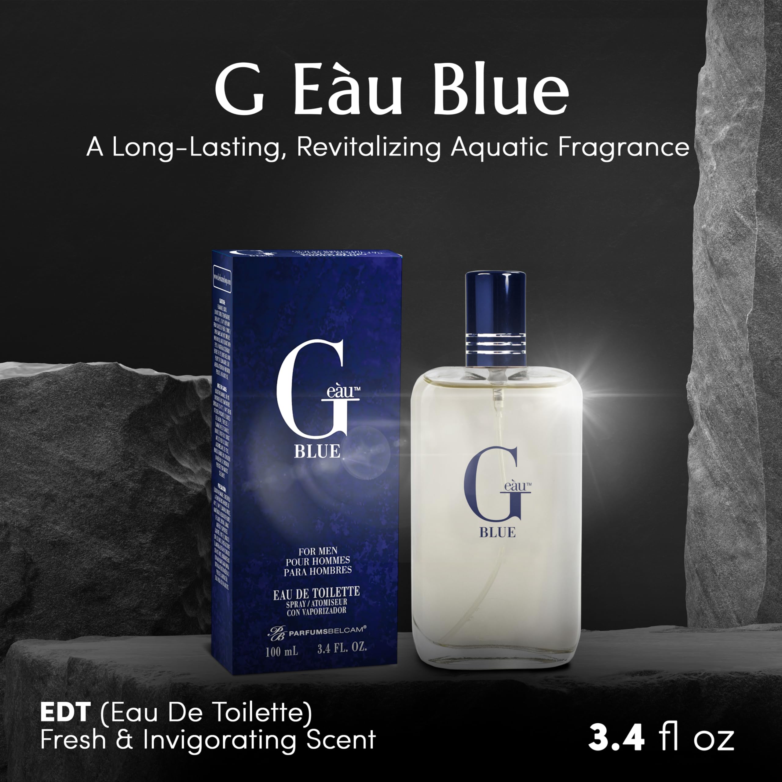 PB ParfumsBelcam G Eau Blue packaging shot emphasizes premium presentation.