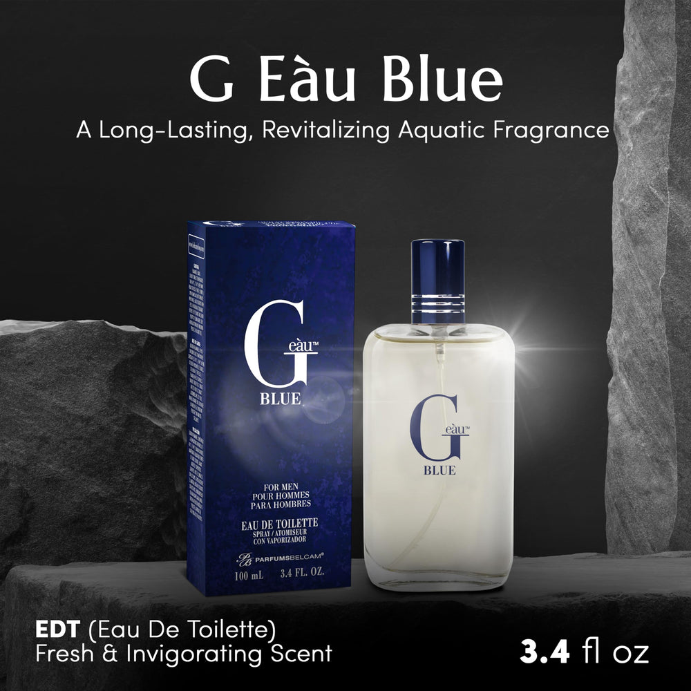 PB ParfumsBelcam G Eau Blue packaging shot emphasizes premium presentation.