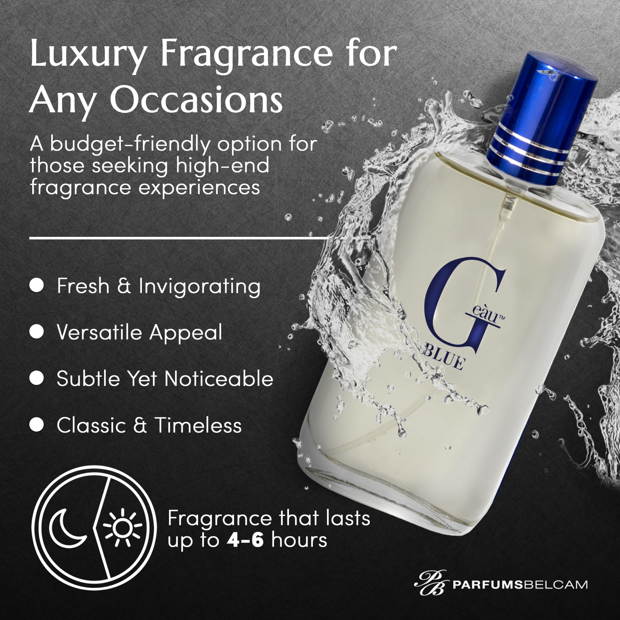 PB ParfumsBelcam G Eau Blue spray action showing even mist distribution.
