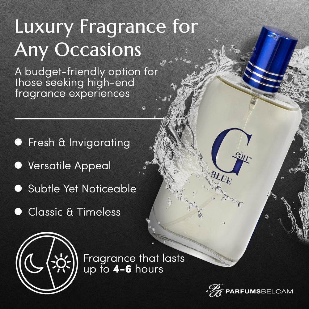 PB ParfumsBelcam G Eau Blue spray action showing even mist distribution.
