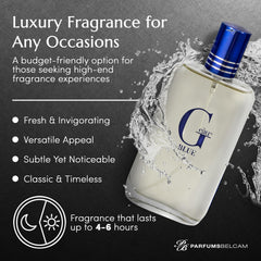 PB ParfumsBelcam G Eau Blue spray action showing even mist distribution.
