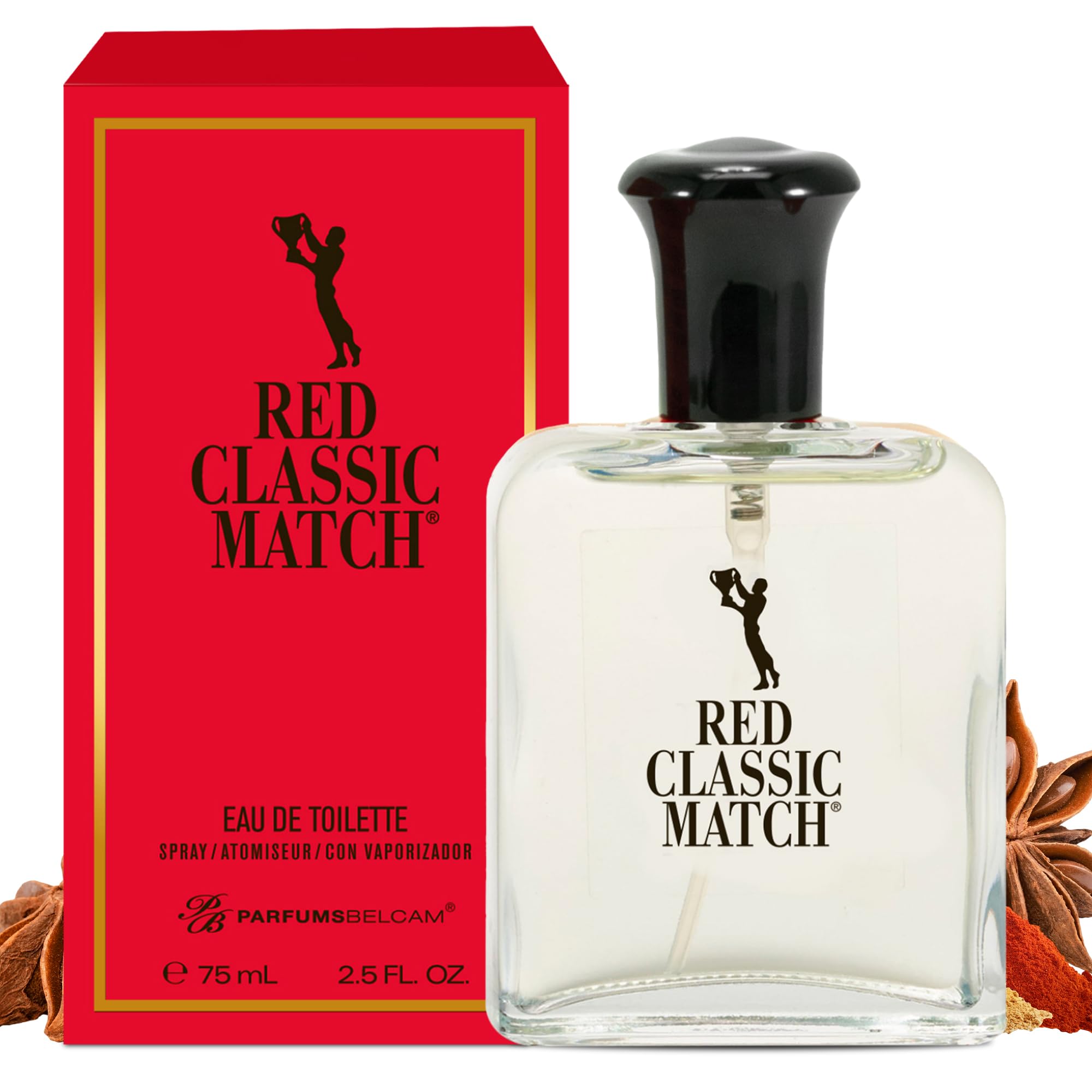 PB ParfumsBelcam Red Classic Match bottle on desk, long-lasting masculine fragrance for daily wear.