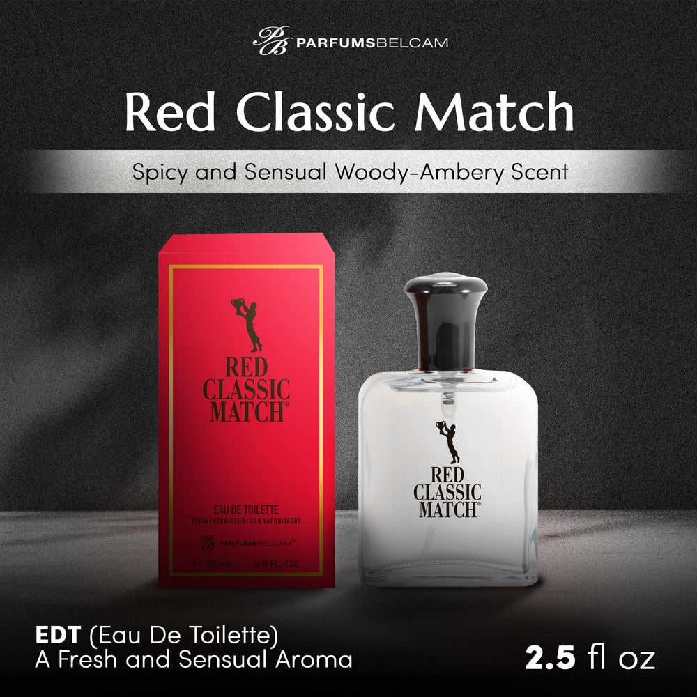 PB ParfumsBelcam Red Classic Match cap close-up, premium woody-amber scent for confident evenings.