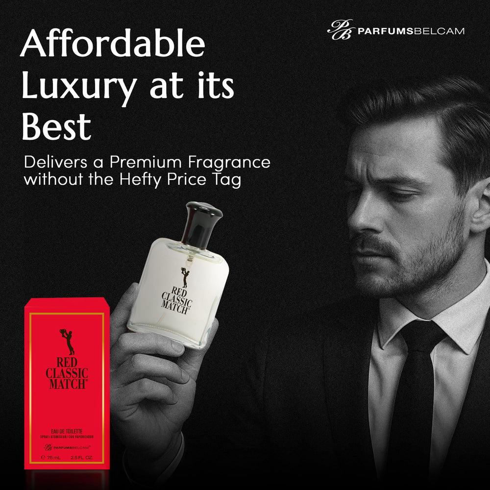 PB ParfumsBelcam Red Classic Match on wood with amber tones, evokes warmth and sophistication.