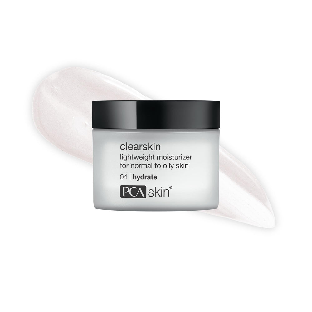 PCA SKIN Clearskin jar demonstrates lightweight hydration for oily, acne-prone skin.