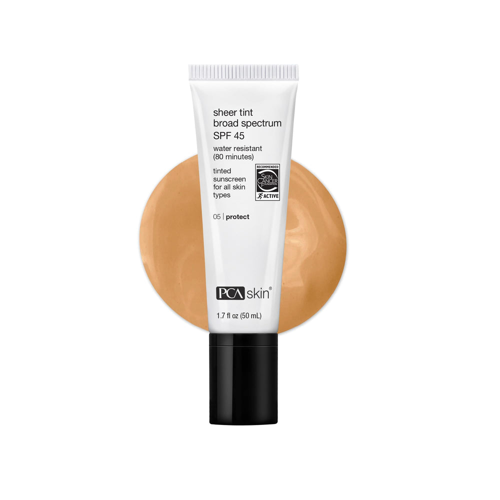 PCA SKIN Sheer Tinted Sunscreen tube with SPF 45 offers lightweight protection
