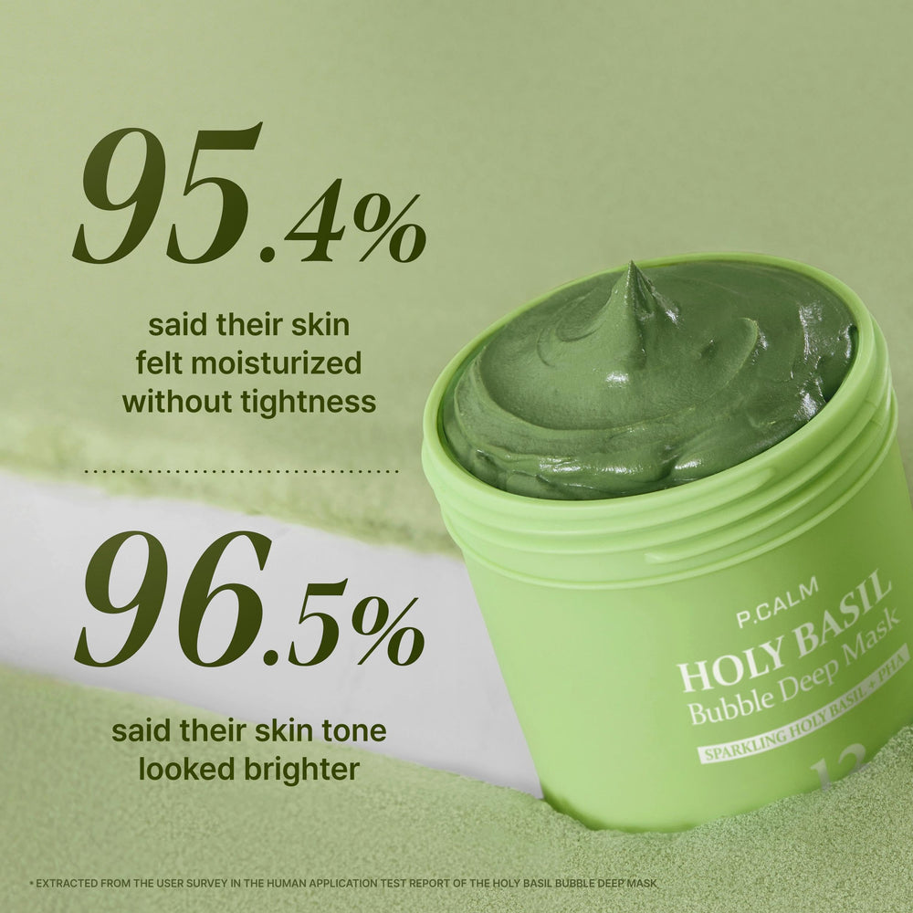 P.CALM Holy Basil Bubble Mask visuals show carbonated bubbles for pore cleansing.