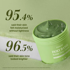 P.CALM Holy Basil Bubble Mask visuals show carbonated bubbles for pore cleansing.