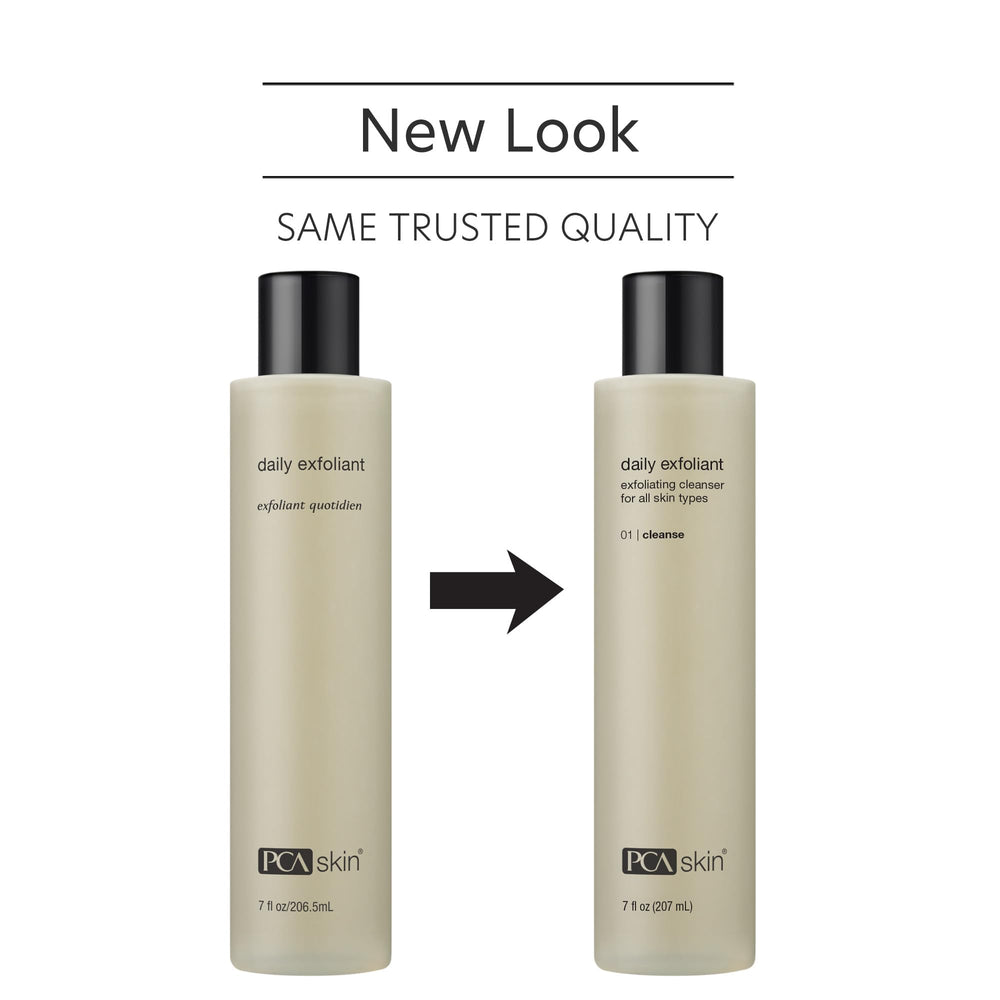 PCA SKIN Daily Face Exfoliant Cleanser label closeup highlighting biodegradable exfoliants.