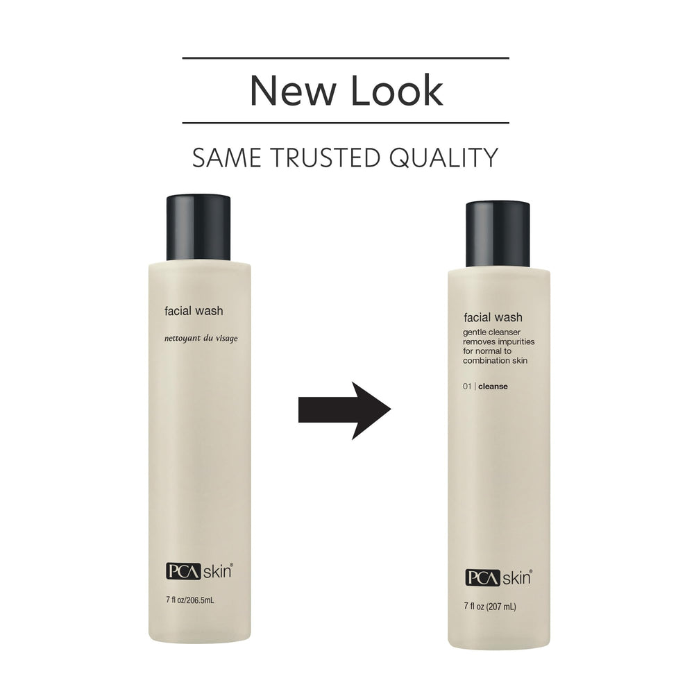 PCA SKIN Gentle Foaming Face Wash pump-top image demonstrates makeup removal while moisture remains