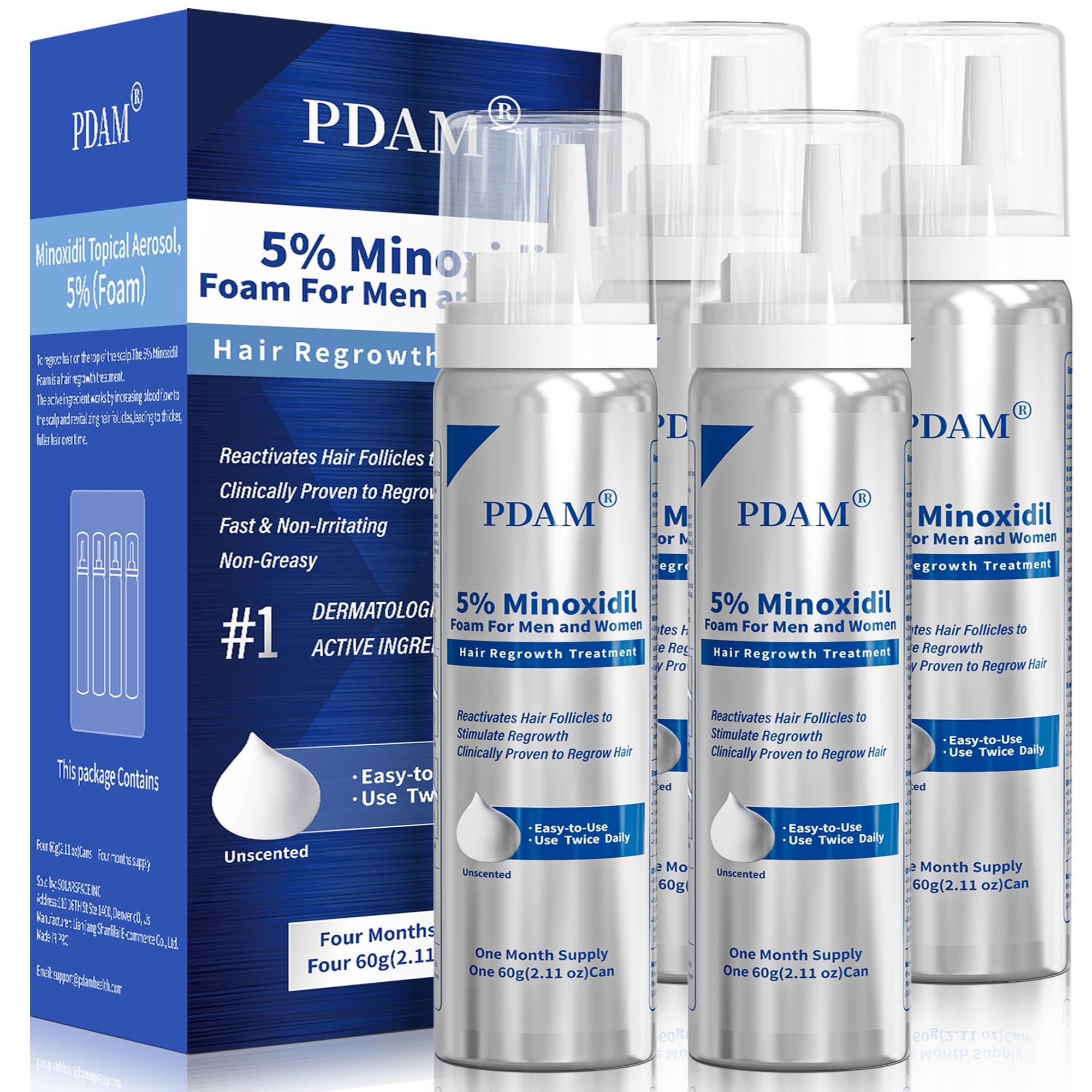 Pdam Minoxidil foam bottle pour showing easy dosing for scalp care
