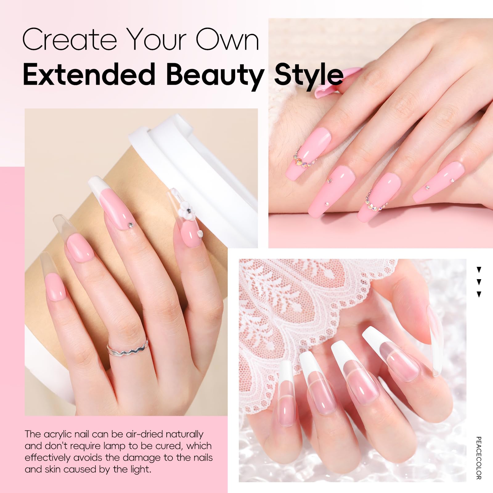 PEACECOLOR 60ml acrylic liquid enables smooth extensions.