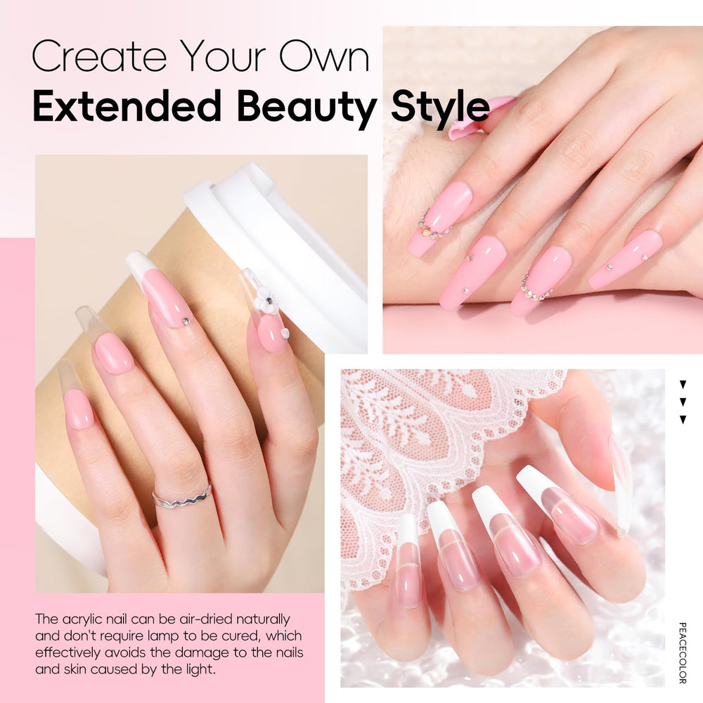 PEACECOLOR 60ml acrylic liquid enables smooth extensions.