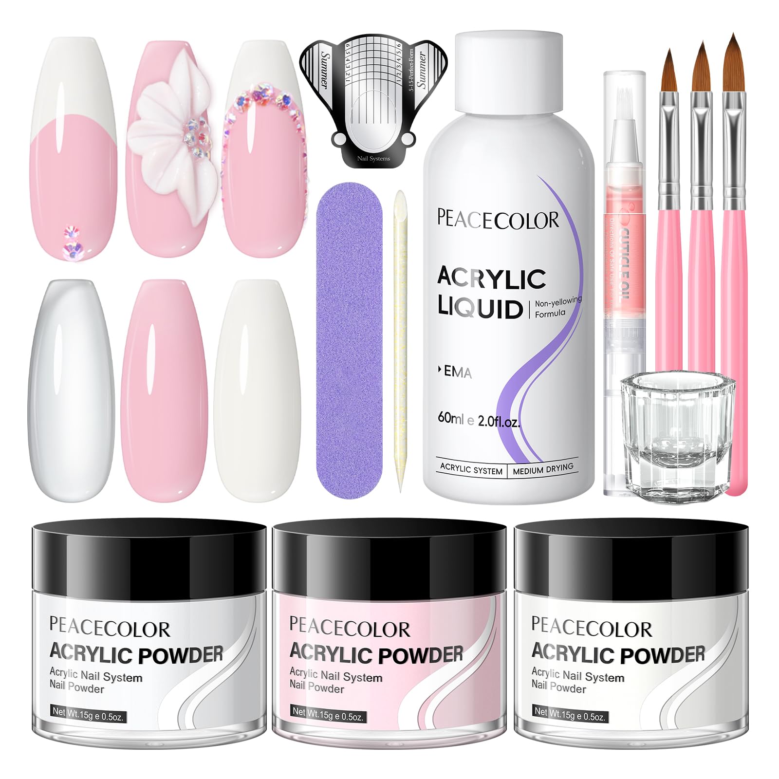 PEACECOLOR acrylic powder trio enables versatile at-home nails.