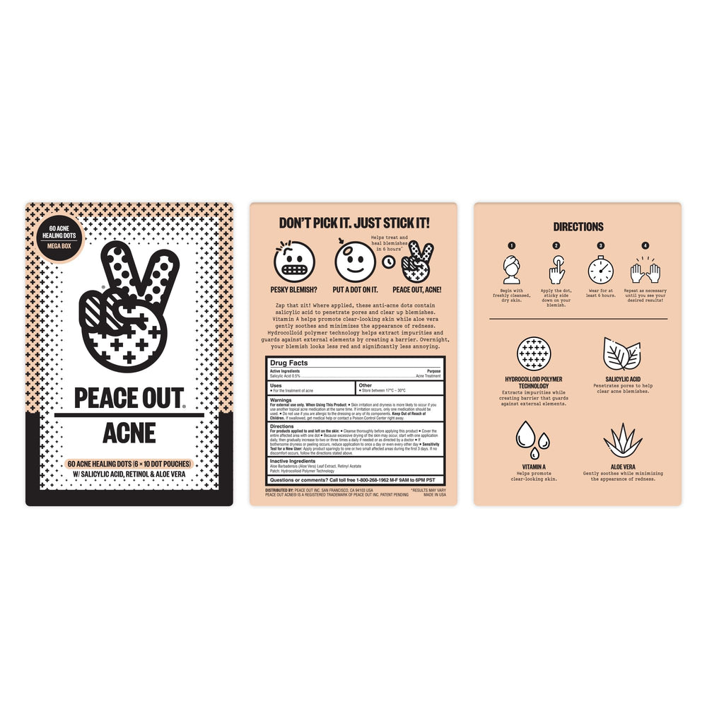 Peace Out Acne Healing Dots close-up patch on skin for discreet protection.