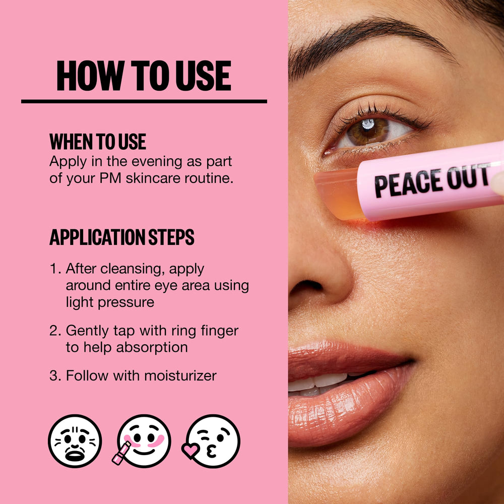 PEACE OUT targets dark circles and puffiness with consistent use.