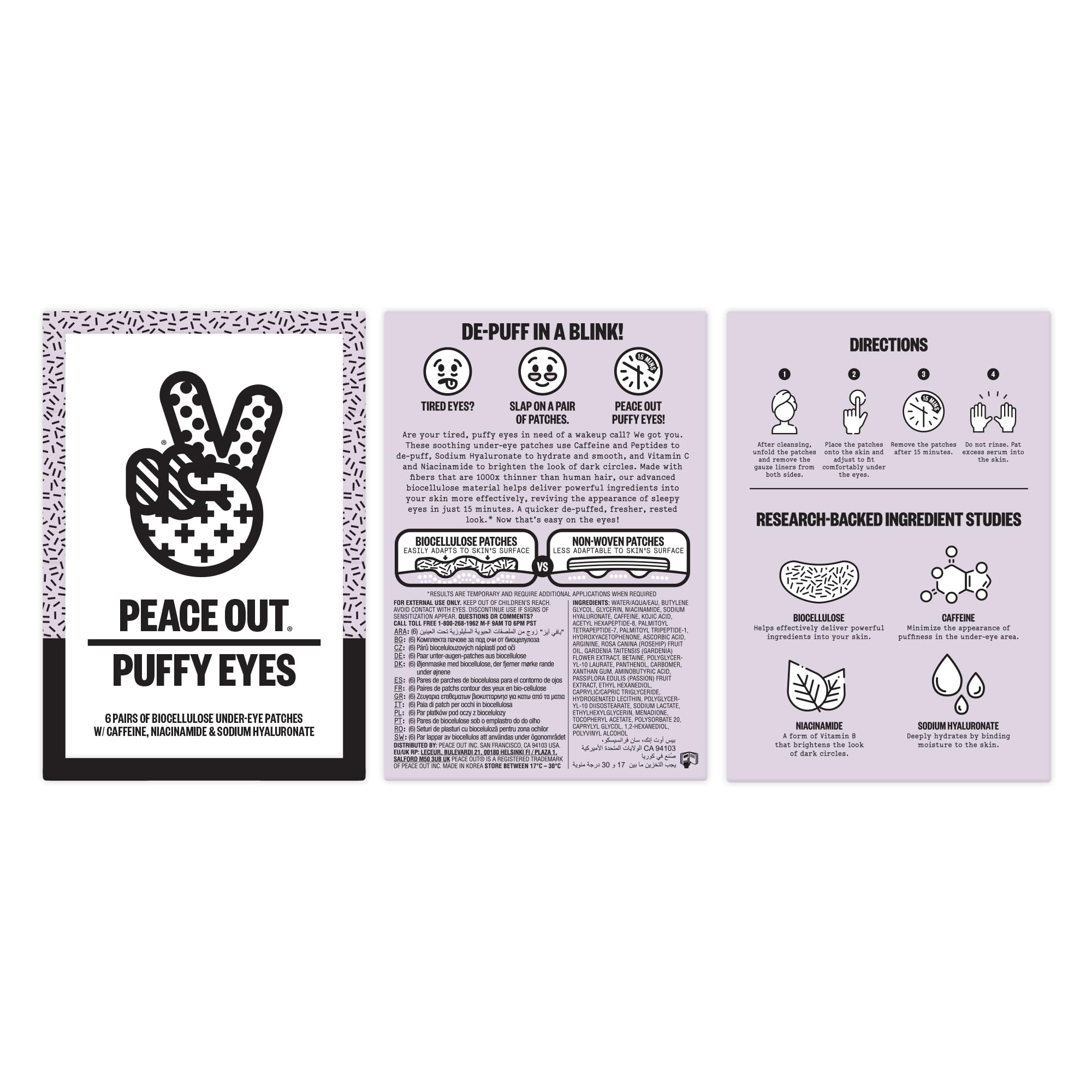 Peace Out Biocellulose eye masks close-up, lightweight texture ideal for gentle hydration.
