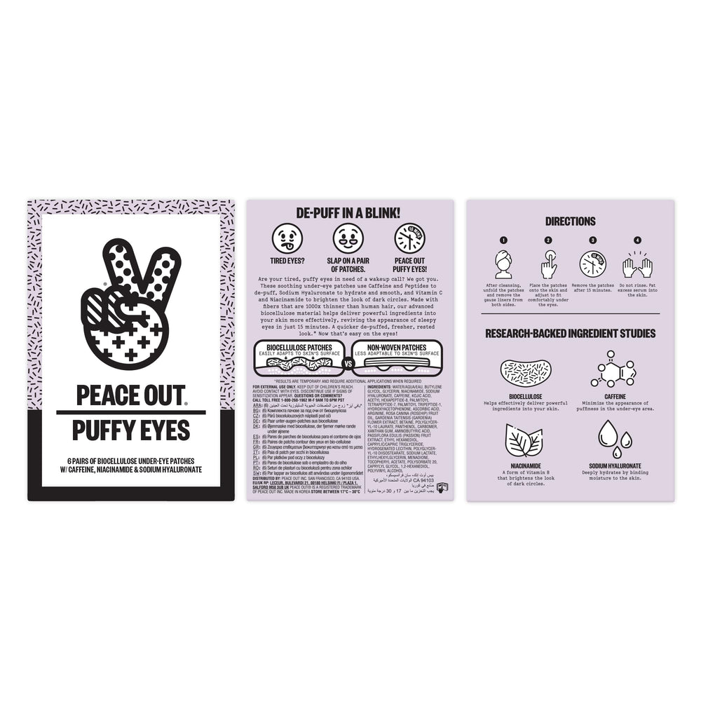 Peace Out Biocellulose eye masks close-up, lightweight texture ideal for gentle hydration.