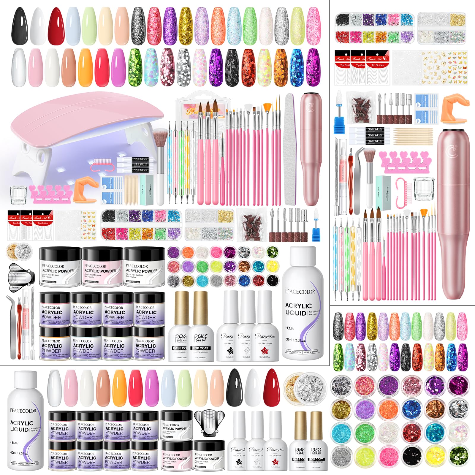 PEACECOLOR acrylic nail kit contents for at-home manicures and practice.