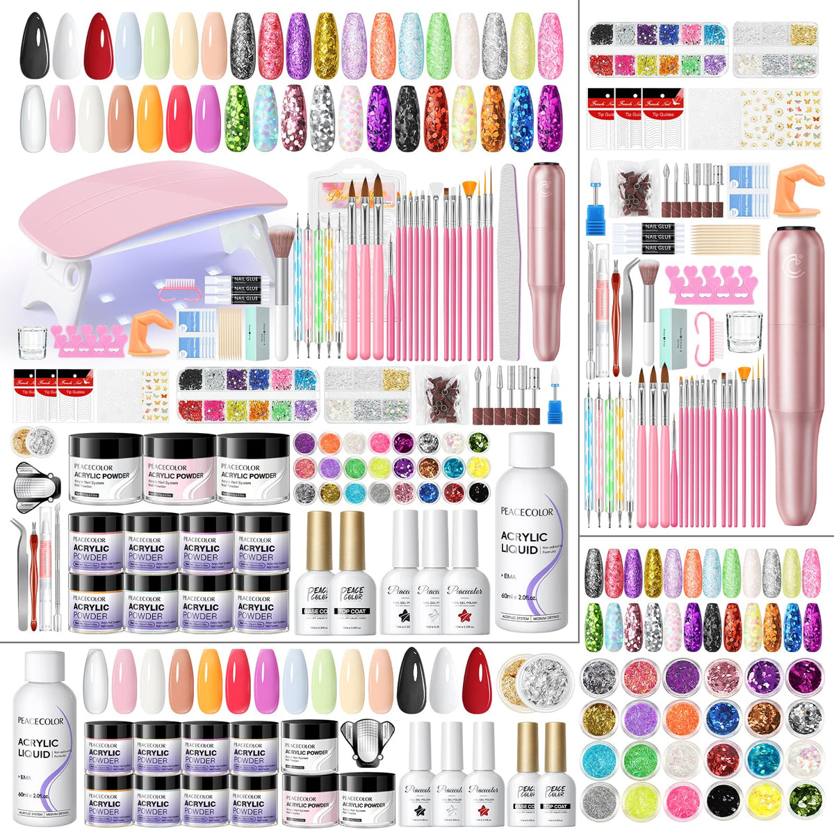 PEACECOLOR acrylic nail kit contents for at-home manicures and practice.