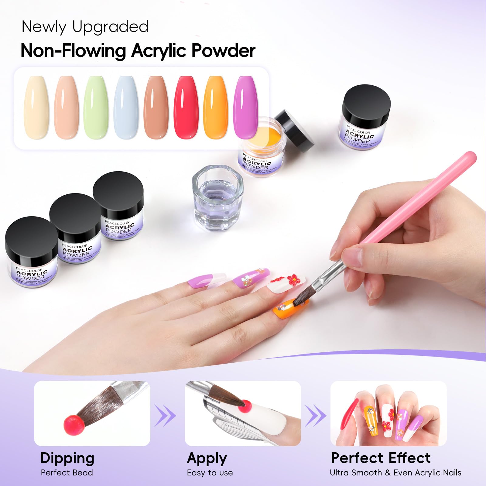 Eleven acrylic powders offer classic and trendy colors for versatile nails.