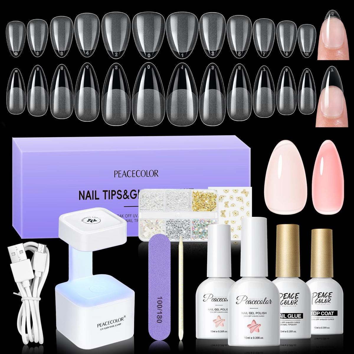 PEACECOLOR almond nail tips in short and medium sizes for easy home extensions.
