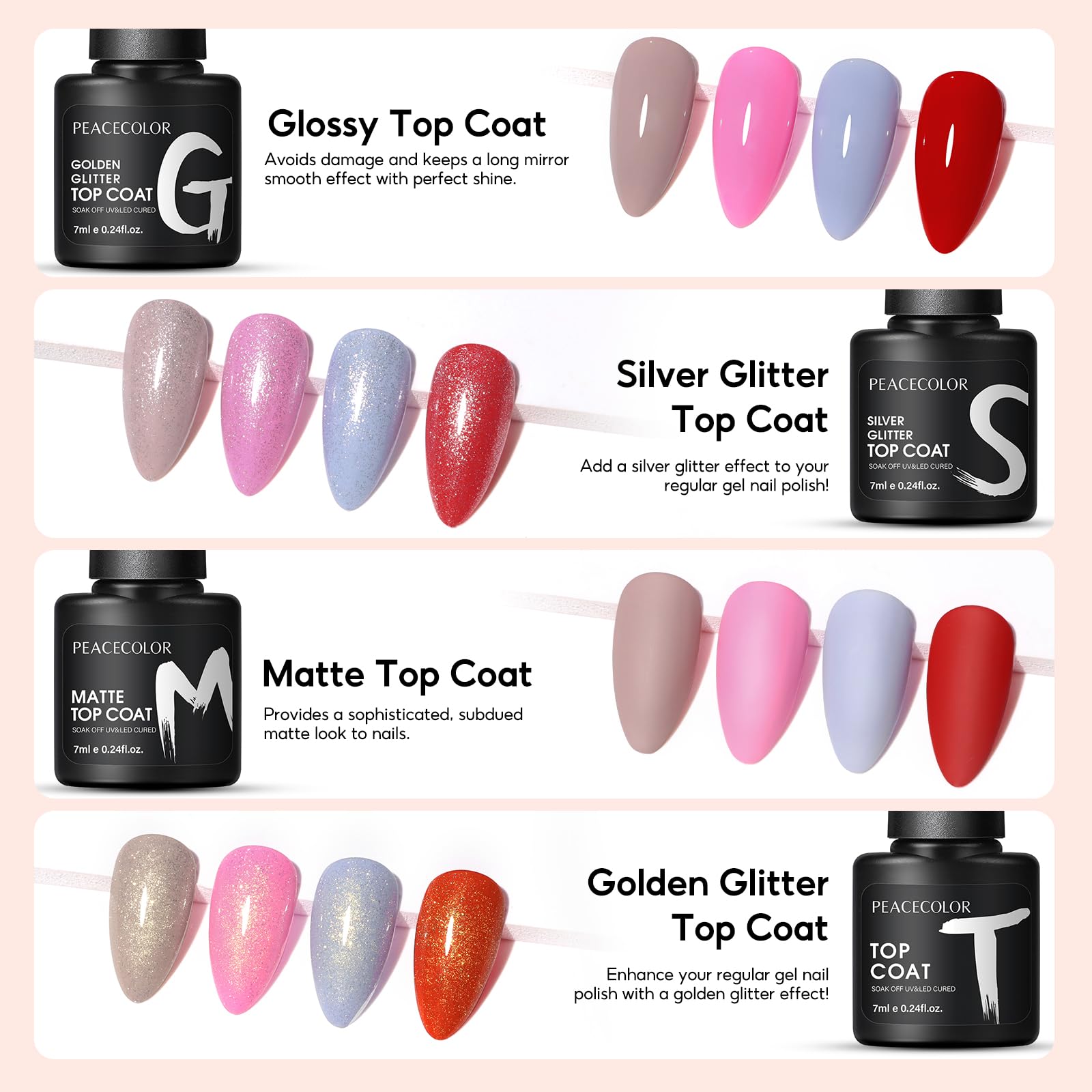 PEACECOLOR gold glitter top coat adds glamorous accents