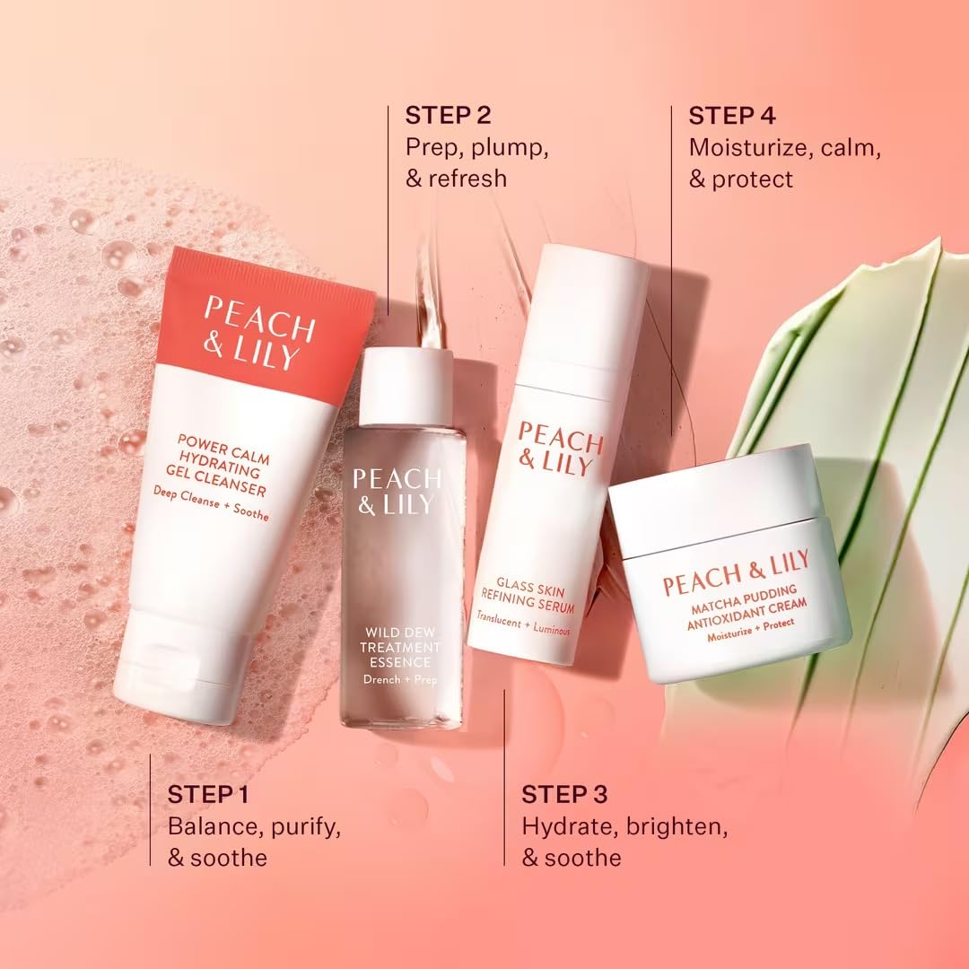 Peach & Lily four-step routine illustration showing cleanse, essence, serum, and cream steps.