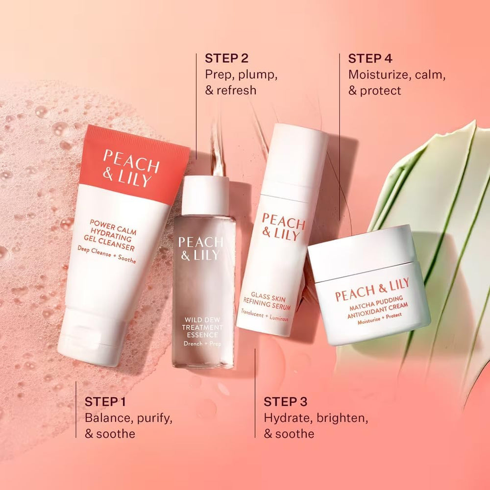 Peach & Lily four-step routine illustration showing cleanse, essence, serum, and cream steps.